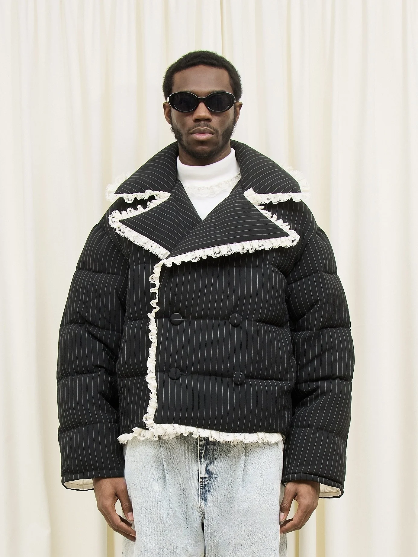 Rita Pinstripe and Lace Puffer Coat — Tanner Fletcher